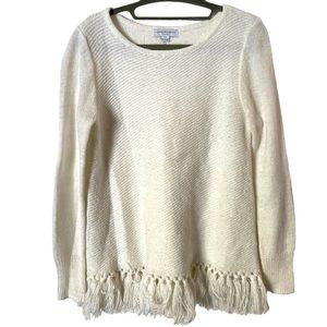 Katherine Barclay Cream Crewneck Sweater‎ With Fringe Hem